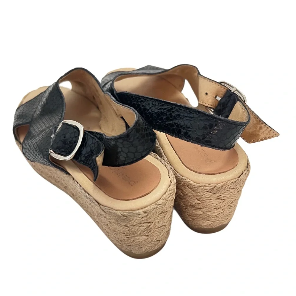 Patricia Green Genuine Leather Black Tan Wedge Espadrilles Sandals 37 7‎